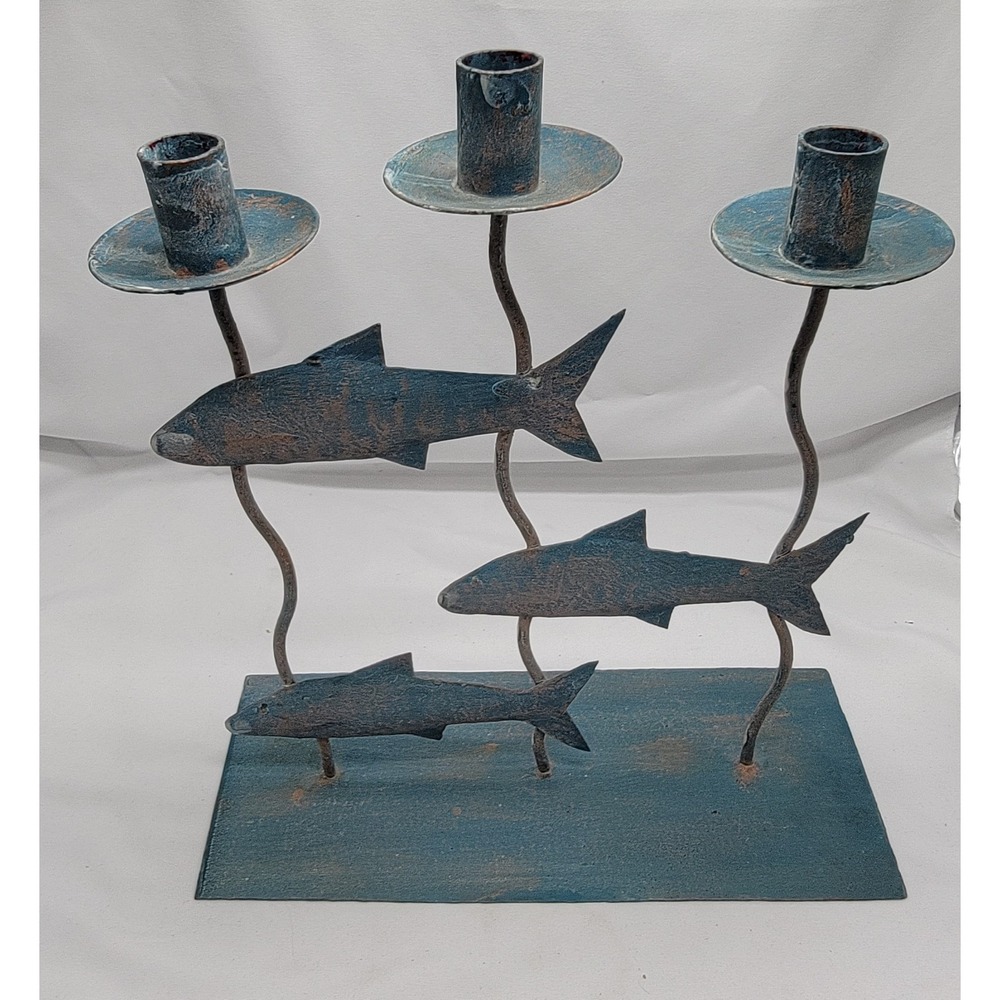 Nautical Themed Metal Art Tapered Teal Candle Holder Fish Lake Beach Home Decor